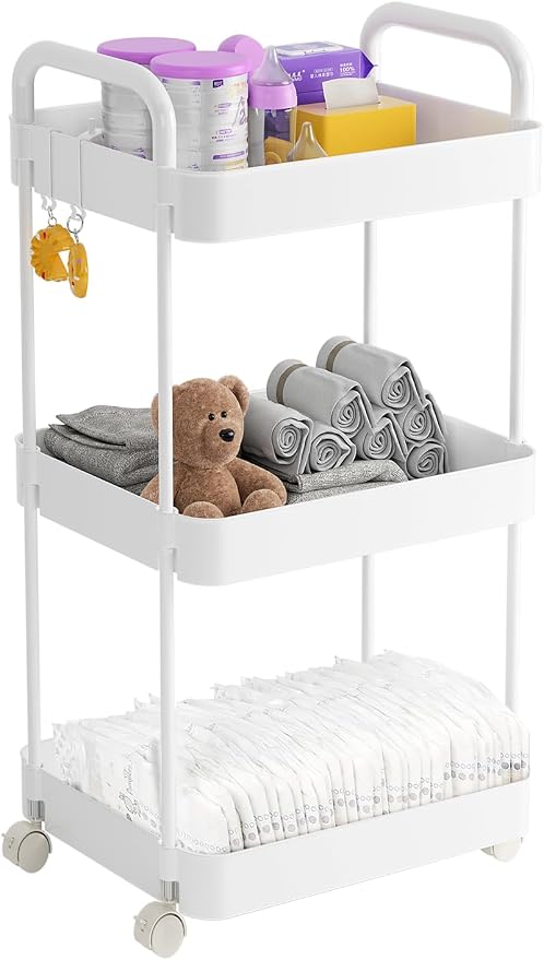 Volnamal Diaper Caddy Cart, 3-Tier Plastic Rolling Cart by Volnamal