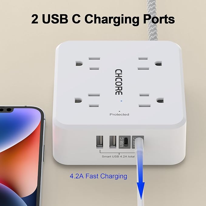Surge Protector Power Strip - CHCORE 10 Ft Braided Extension Cord with 8 Outlets with 4 USB (2 USB C) Charging Ports, Flat Plug Multi Plug Outlet Extender Charging Station for Home Office, ETL, White