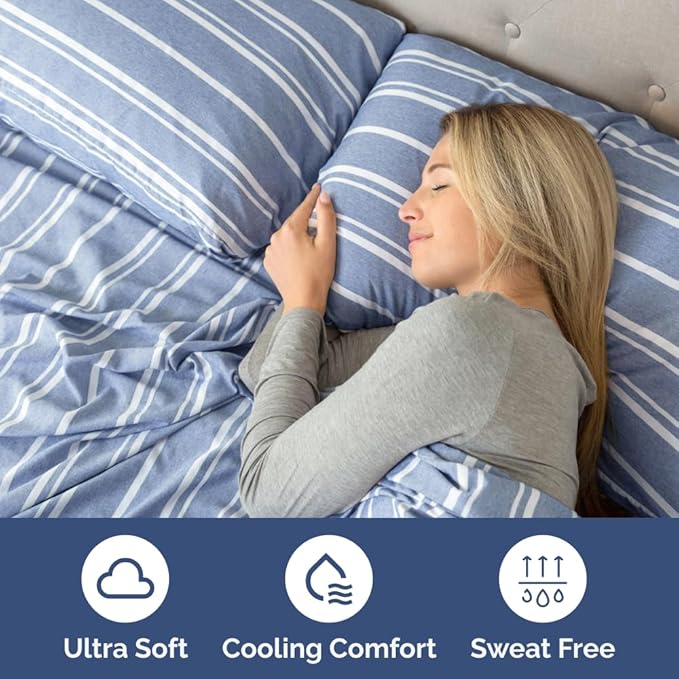 RV Short Queen Sheet Set 60 X 75 - 4 Piece RV Short Queen Bed Sheets - Soft, Breathable & Cooling - Designed for Bunks, Trailers & Campers - Fits 8” to 12" Mattress - Luxury Bedding - Blue Stripes 3