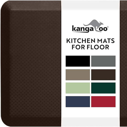 KANGAROO Thick Ergonomic Anti Fatigue Mats for Kitchen Floor, 58x20, Cushioned Standing Office Desk Mat, Waterproof Scratch Resistant Topside, Supportive All Day Comfort Padded Foam Rugs, Brown