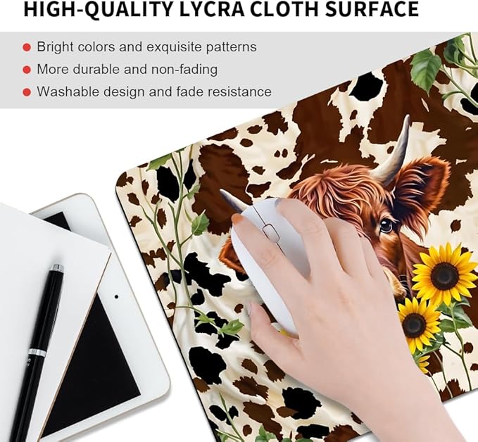 Western Highland Cow Sunflowers and Cowhide Brown Square Mouse pad, Texture, Waterproof, Anti Slip Rubber Base, Computer Mouse pad