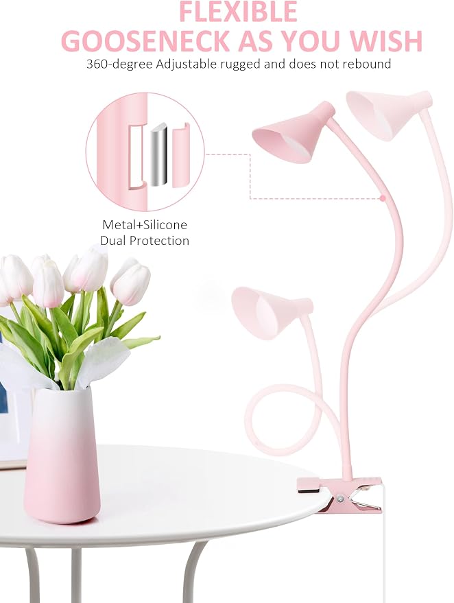 LiFMIRA Pink Small Desk Lamp Clip on LED Reading Light - Image 4