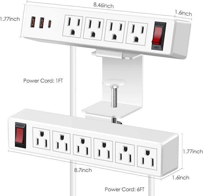Desk Clamp Power Strip with PD20W USB-C, 2 in 1 Dual Layer Under Desk Power Strip, Removable Clamp Power Socket with 10AC Outlets & Switch, 10ft Extension Cord(ETL Listed)