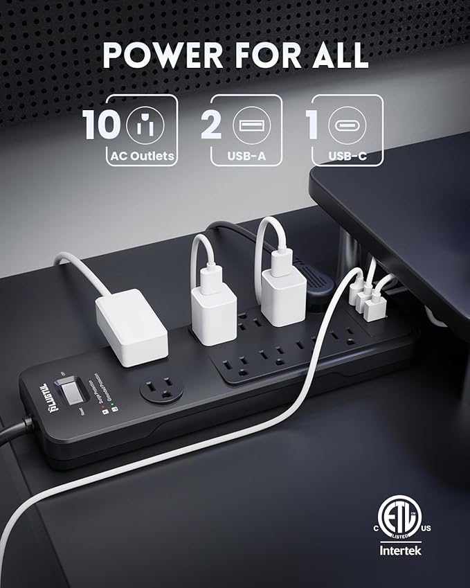Surge Protector Power Strip 10FT, PLUGTUL Surge Protector with 10 Outlets - Spacious Design for Large Plugs, Flat Plug, 20W USB C Charging for Home, Office, ETL Listed，2040J