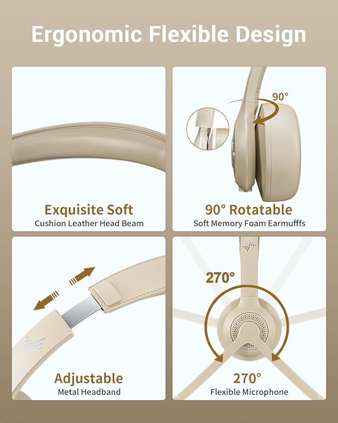 Wireless Headset with AI Noise Cancelling Microphone Bluetooth Headset - Bluetooth V5.2 Headphones with USB Dongle, Charging Base & Mic Mute for Computer/Laptop/PC/iPhone/Android/Cell Phones-Apricot