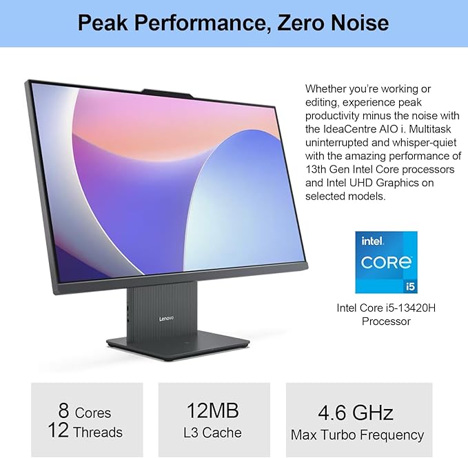 Lenovo 2024 IdeaCentre I Business All-in-One, 27" FHD Touchscreen 100Hz, i5-13420H, 16GB DDR5 RAM, 1TB SSD, Wireless Charging Base, Wireless KB & Mouse, Wi-Fi 6, Windows 11 Pro, Grey