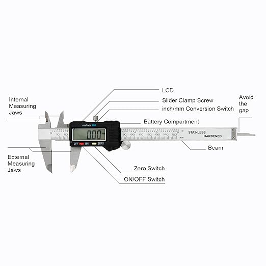SCITOOLS Digital Caliper 0-6" Measuring Tool with Metal Ruler, Micrometer Caliper with Auto-Off Feature, Interchangeable Between inches and millimeters for DIY/Household and 3D Printing, Black
