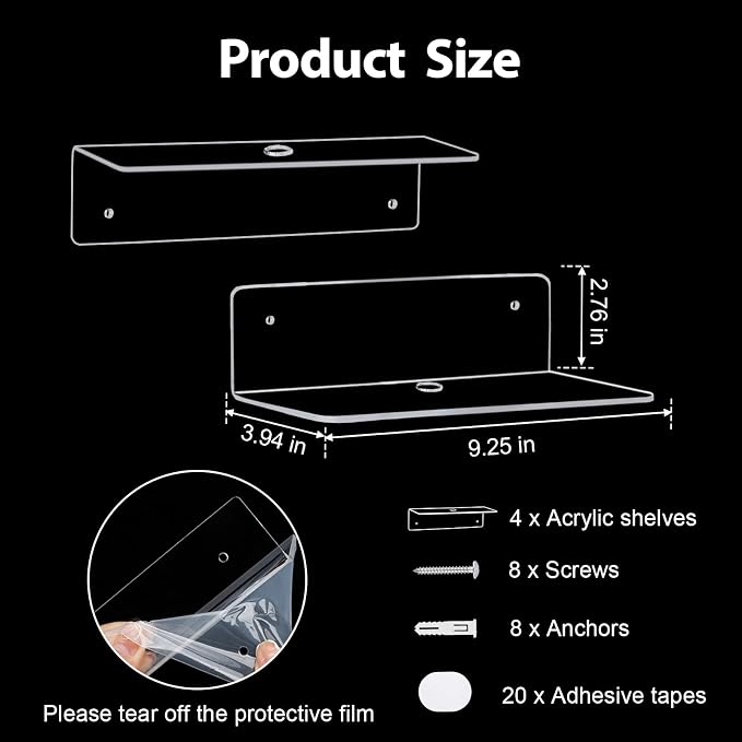 9 Inch Acrylic Floating Shelf, No Drill Adhesive Wall Shelf Set of 4 - Image 3