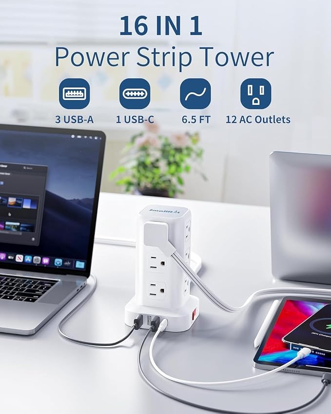 Extension Cord with Multiple Outlets, SMALLRT Flat Plug Power Strip Tower - Image 4