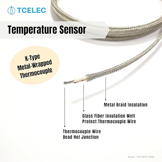 TCELEC TCE-K01HT-2000 K Type Metal Wrapped Durable and High Temperature Resistant Thermocouple Sensor Probe for Oven and Furnace with Temperature Range from 77℉ to 932℉