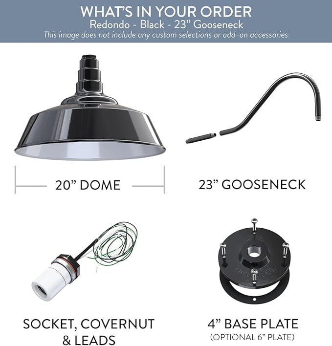 Steel Lighting Co. Large Outdoor Barn Light | Gooseneck Light Fixture | Made in America from 18-Gauge Steel | 20" Dome | 23" Gooseneck Black Exterior/White Interior