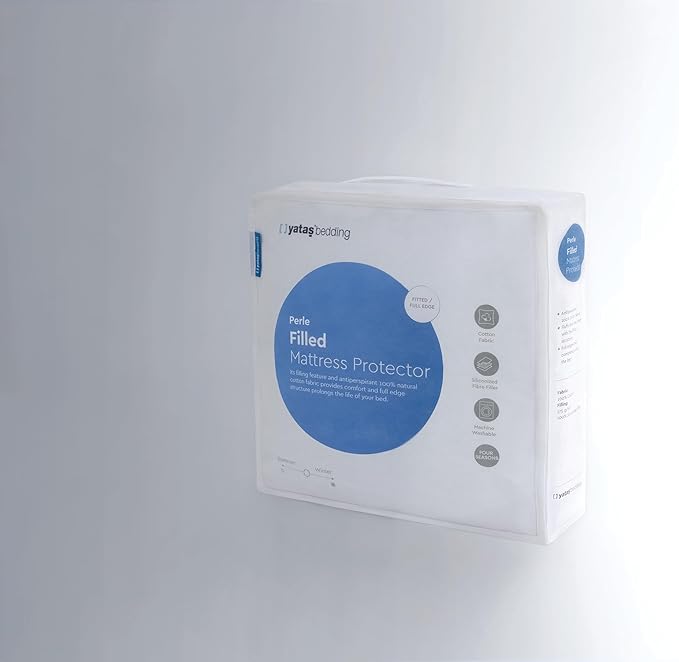 YATAS BEDDING Perle Quilted Fitted Mattress Protector, Machine Washable and Easy Care, Superior Protection and Comfort,100% Cotton Breathable top, White (Queen) - 59"x79" - 14" Deep Pocket