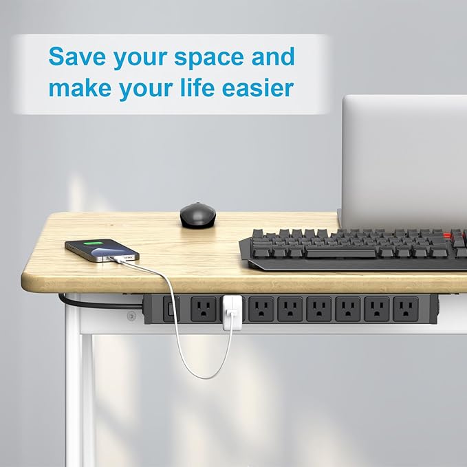 HHSOET Metal 360° Rotating Mountable Power Strip, 8 Outlet Gaming Table Mounted Long Power Strip, Heavy Duty Wall Mount Surge Protector with Switch, 15A 125V 1875W, 15ft Power Cord.(Black)