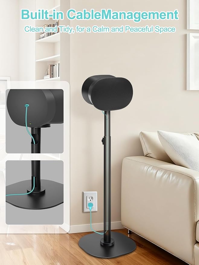 Haturi Speaker Stand Single for Sonos ERA 300 & 100, Height Adjustable 22”–42” Floor Stand with Cable Management Heavy Duty Metal Construction Non Slip Base for Living Room Bedroom Office