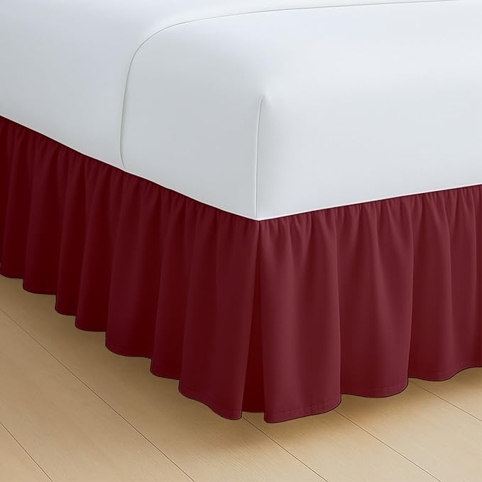 Rajlinen Ruffled Bed Skirt Full, 24 Inch Drop Dust Ruffle with Split Corners, 100% Microfiber Bedskirt with Platform, Three-Sided Coverage Ruffled Gathering Design, Burgundy