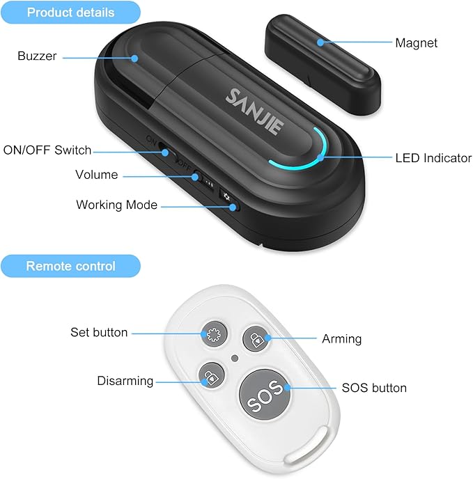 Pool Door Alarms for Home Security Loud, 0-120 Db Volume Ajustable with 4 Modes, Wireless Door Alarm with Remote for Kids Safety/Dementia Patients/Home/Pool (2 Sensor & 1 Remote)