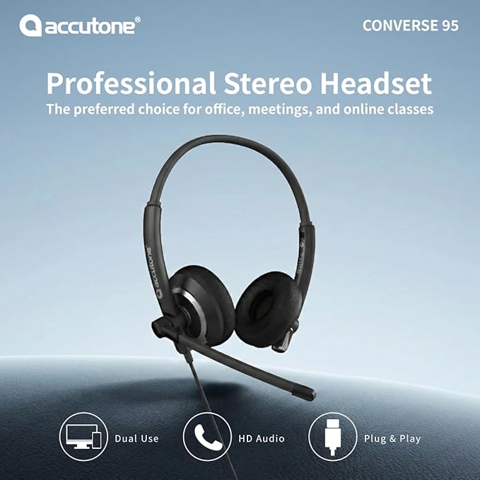 Accutone Conversation 95 Wired Office USB Headset with Environmental Noise Cancelling Microphone & wideband Audio Output, Black