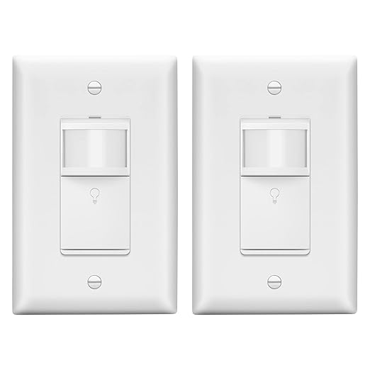 LIDER Motion Sensor Switch with Wall Plate, UL Listed, PIR Sensor Switch, Occupancy/Vacancy, No Neutral Required, Ground Wire Required, 1-Pole, Modern Smart Home, White, Wall Plate Included, 2 Pack