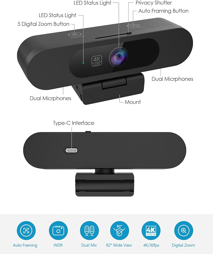 MOERTEK 4K Webcam for PC, Ultra 4K HD, AI Auto Framing, Webcam for Streaming, Auto Focus, Dual Noise Reducing Mics, 5X Digital Zoom, 92°FOV, Plug and Play, Ideal for High-End Meeting, Streaming