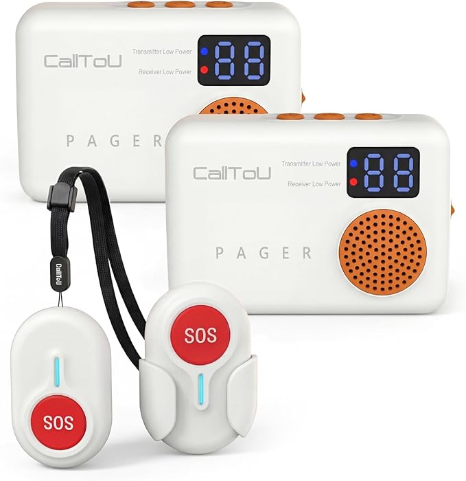 CallToU Wireless Caregiver Pager with Call Button for Elderly at Home, Portable Nurse Alert System with Vibration/for Patients and Disabled, 500ft Ranger (2 Call Buttons + 2 Receivers)
