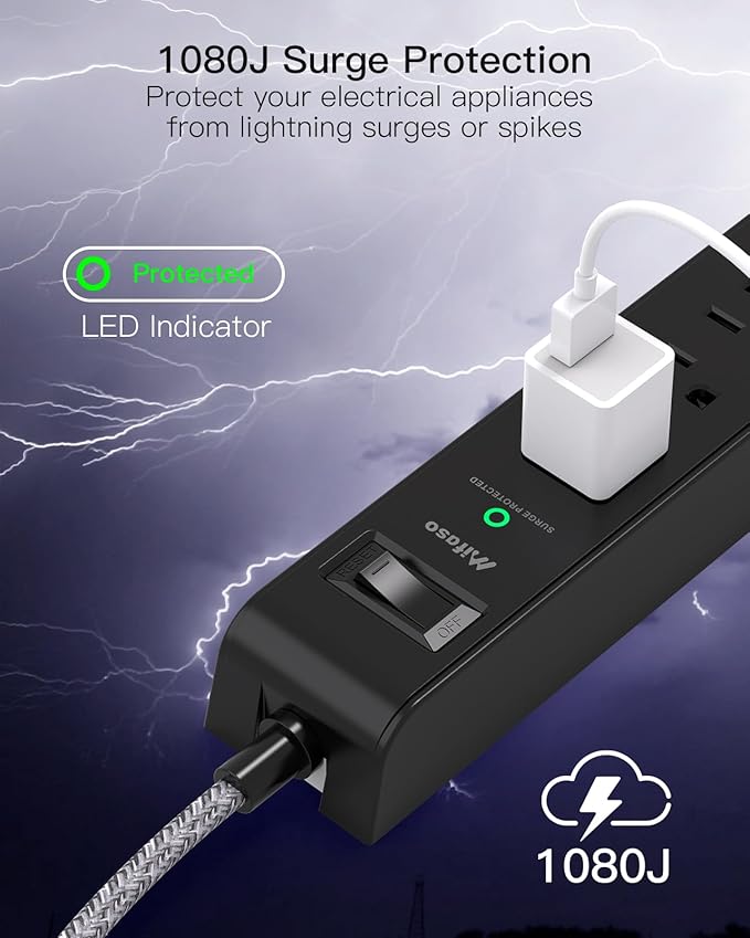 2 Pack Surge Protector Power Strip - 6 Outlets 4 USB Charging Ports, 5Ft Braided Extension Cord, Slim Flat Plug, Overload Protection, Wall Mount for Home Office, Dorm Room Essentials