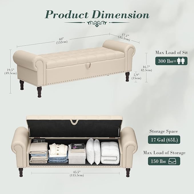 Apicizon 60” Bench with Storage, Faux Leather Ottoman Bench with Rolled Arm & - Image 2