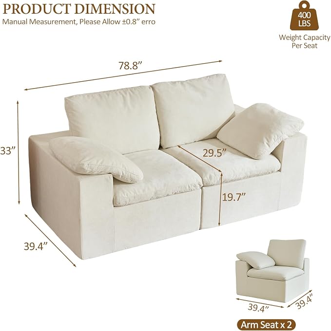 78" Loveseat Sofa, Deep Seats, Cloud Sectional Couches - Image 2