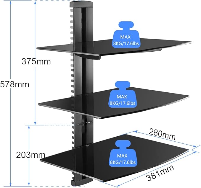 DVD Floating Shelf, Glass TV Wall Mount with Shelf for DVD Player / PS4 / Cable Boxes / Game Consoles / Sky Box / TV Accessories, Media Shelf, Flat Black Wall Mount Bracket, AV Shelves, 3 Tiers CS303S