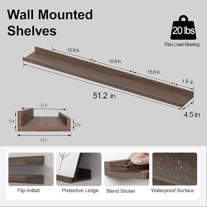 Walnut Floating Shelves for Wall Decor, 52 in Shelf - Image 3