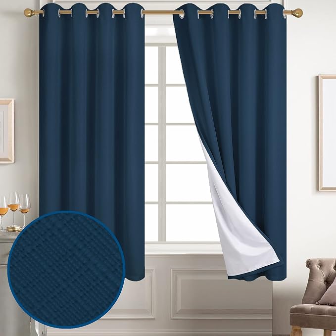 Diraysid 100% Blackout Curtains Navy Blue Linen Curtains - Image 2