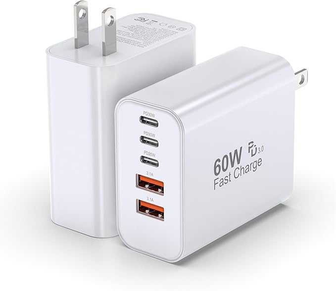 USB C Charger Block, 2-Pack 60W 5 Ports USBC Wall Charger Plug Fast Charging, iPhone Charger QC Multiport PD Adapter Chargers, Type C Box Brick Cube for iPhone 17 16 15 14 13 Pro Max,Samsung