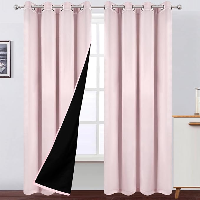 100% Blackout Curtains 52 x 84 Inches Long Thermal Insulated Baby Pink Curtains by Lemomo