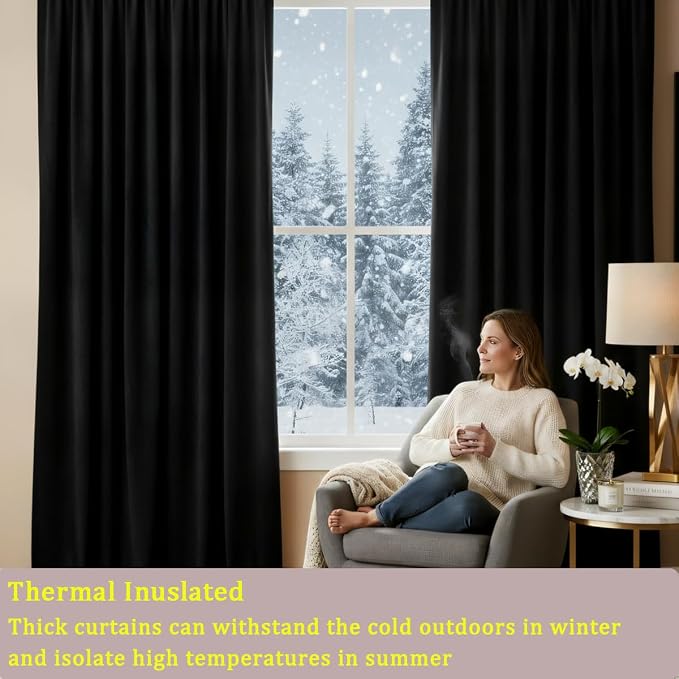 Timeper Black Velvet Curtain W104 x L84 inches 1 Panel, Thermal Insulated - Image 3
