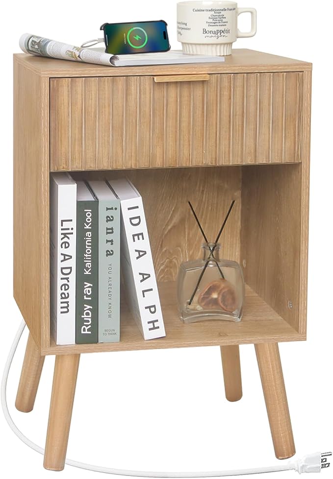 Fultyle Wood Nightstand with Charging Station, Bedside Table with Fluted - Image 7