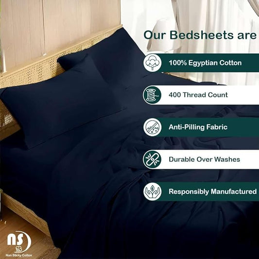 NON Sticky cotton Full Size Sleeper Sofa Sheets, 4 Piece Egyptian Cotton Bed Sheet Set for Sofa Bed, 7" Deep Pocket for Pull Out Couch Mattress, 54" x 75", Navy Blue Solid, Soft & Breathable