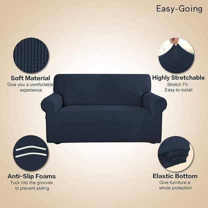 Easy-Going Stretch 4 Seater Sofa Slipcover 1-Piece Sofa Cover Furniture Protector Couch Soft with Elastic Bottom for Kids, Polyester Spandex Jacquard Fabric Small Checks Dark Blue