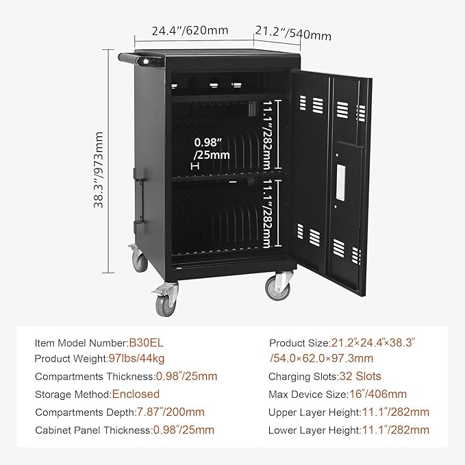 Aokleo 32 Devices Laptop Charging Cart with Password Lock,Tablet Storage Carts for Pad Up to 16.3" Screen,Classroom Computer Mobile Charging Station for Pads,Chromebooks,Laptops(Black - Password Lock)