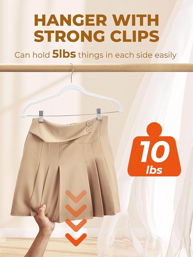 HOUSE DAY Velvet Skirt Hangers 24 Pack, White Velvet Hanger with Adjustable Clips, Space Saving Slim Pant Hangers, Heavy Duty Non Slip Clip Hanger for Pants, Skirts, Shorts