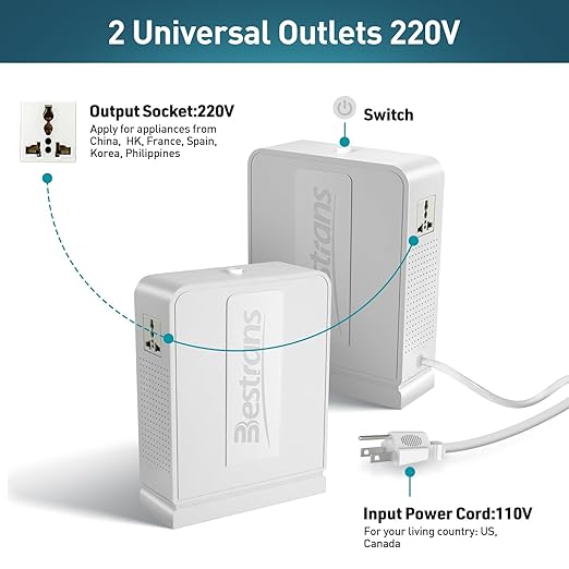 BESTRANS 3000W Step Up Transformer 110v to 220v Converter, Heavy Duty Voltage Converter 110v-120v to 220v-240v with Dual Outlets, Overload Protection & Ultra-Quiet for Home Appliances, Pearl White
