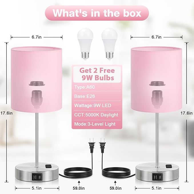 17.6" Pink Touch Lamps for Bedroom Set of 2 - Image 4