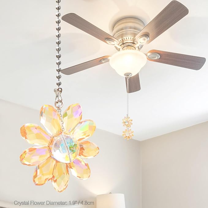LEFERS Ceiling Fan Pull Chain, 2 Pieces 1.8" Crystal Glass Flower Pendants with 24" Ceiling Fan Chain Extender and Connector (Gold)