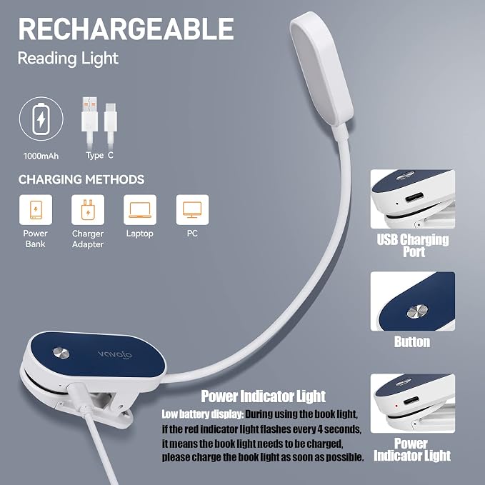 VAVOFO Rechargeable Book Light, 14 LEDs Eye Care Clip On Amber Reading Light - Image 4