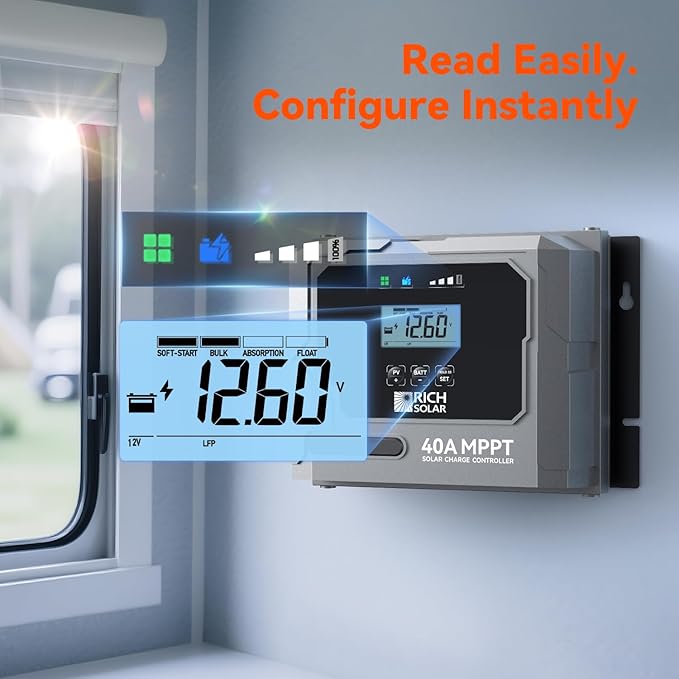 RICH SOLAR Bravo 40 | 40A MPPT Solar Charge Controller with Bluetooth – 12V/24V Auto-Detect, Lithium & Lead-Acid Battery Support for RVs, Campers & Off-Grid Systems