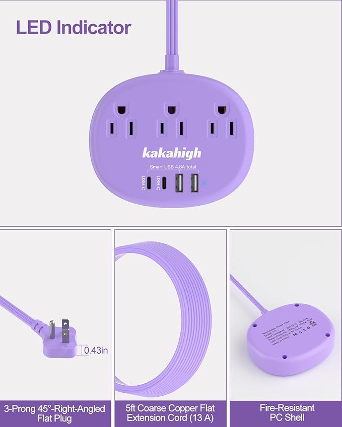 Purple Extension Cord - 10 FT Flat Extension Cord, 1625W Cute Extension Cord with 3 AC Outlet 4 USB (24W/4.8A), Compact for Cute Purple Kawaii Lavender Desk Accessories