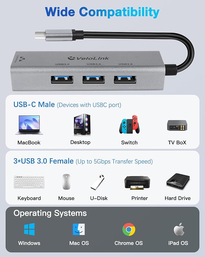 Velolink 4-in-1 USB 3.0 Hub with Gigabit Ethernet Adapter for Laptop, PC, MacBook Pro (RJ45 TYPEC HUB 01)