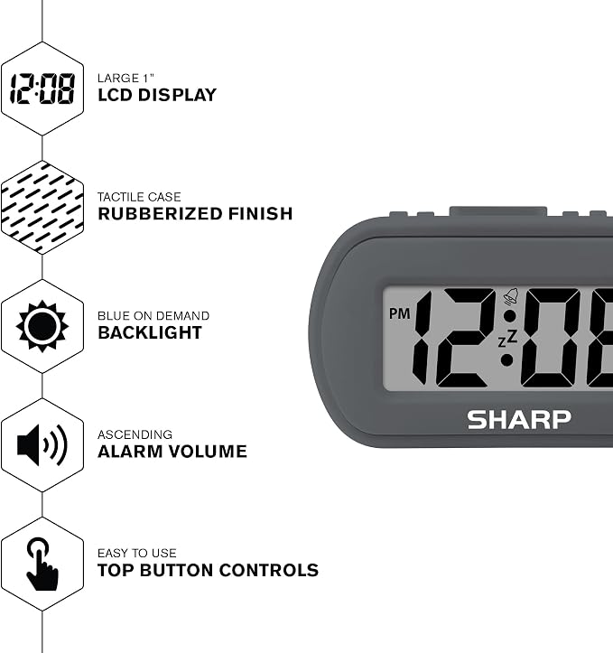 Sharp Battery Alarm Clock, Soft-Touch Case and Backlight, Charcoal Black | - Image 4