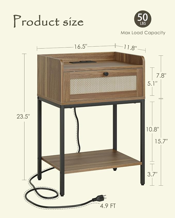 Nightstand with Charging Station, 3-Tier Bedside Table - Image 2