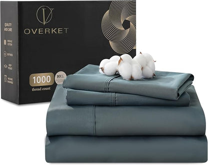 100% Egyptian Cotton Sheets Cal King Sheet Set 1000 Thread Count Sateen Weave Soft Breathable 16-Inch Deep Pocket 4PCS（California King,Lake Blue）