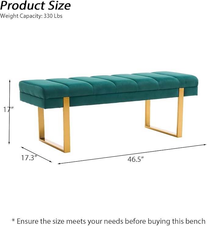 46" Velvet Green Bench with Gold Legs - Image 2