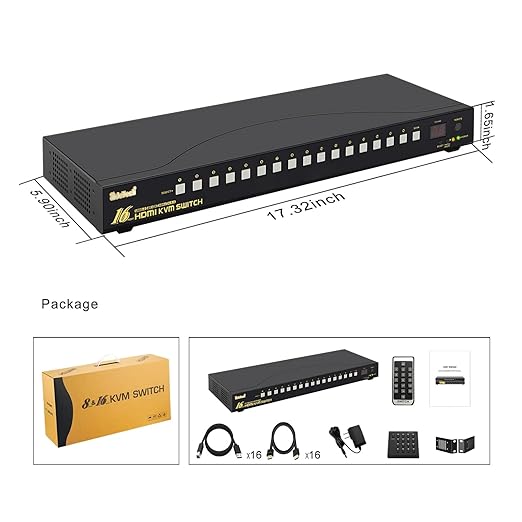 JideTech 16x1 HDMI USB KVM Switch 4K@60Hz with USB 3.0 Hub, Hotkey Switching, HDCP2.1 & Intelligent EDID — Multi System USB Peripheral Sharing for Office/Studio/IT Rack